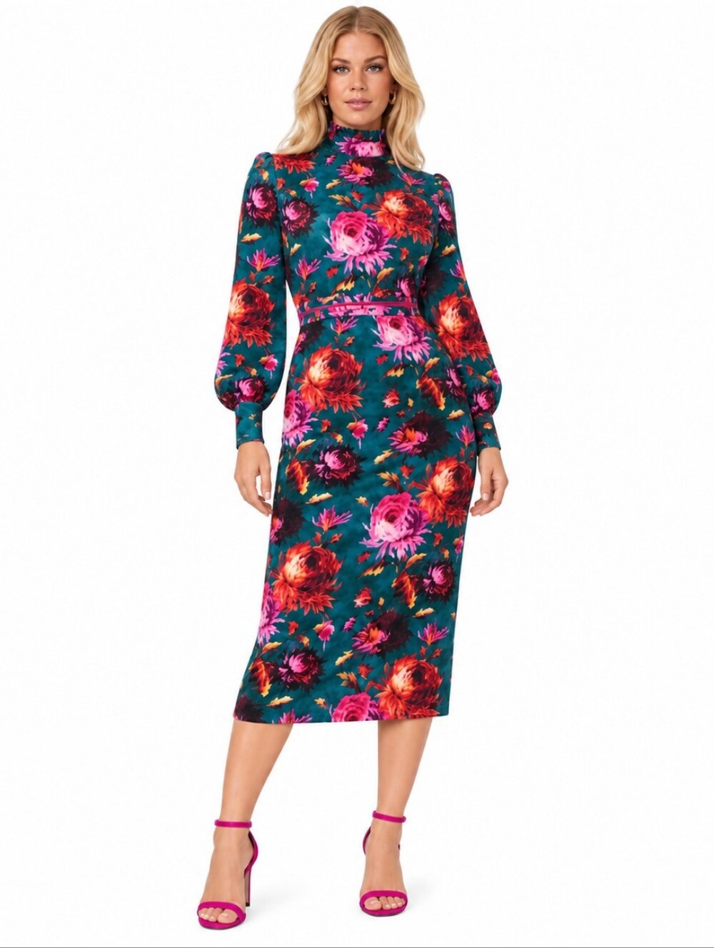 Hope & Ivy Floral Midi Dress 8 Green Ruffle Neck Velvet Accent‎ Blouson Sleeve